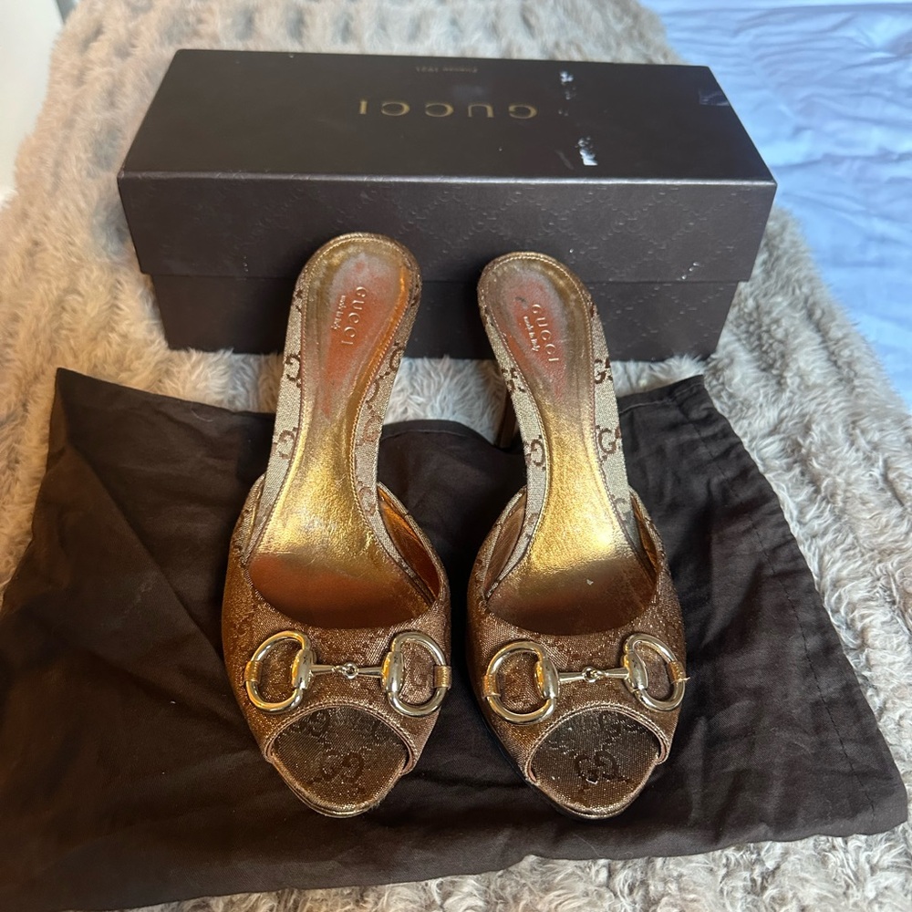 Gucci Women's Monogram Horsebit Heeled Mules
